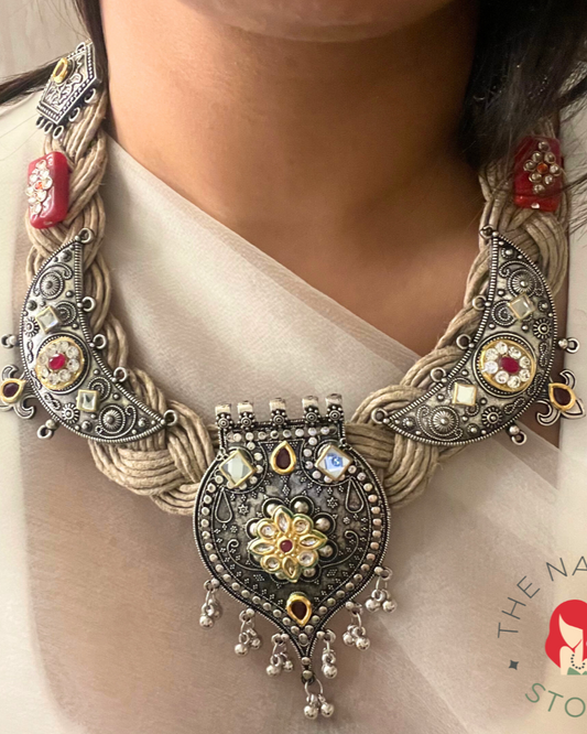 Oxidised Silver and Kundan Stones: Subhadra Jute Necklace