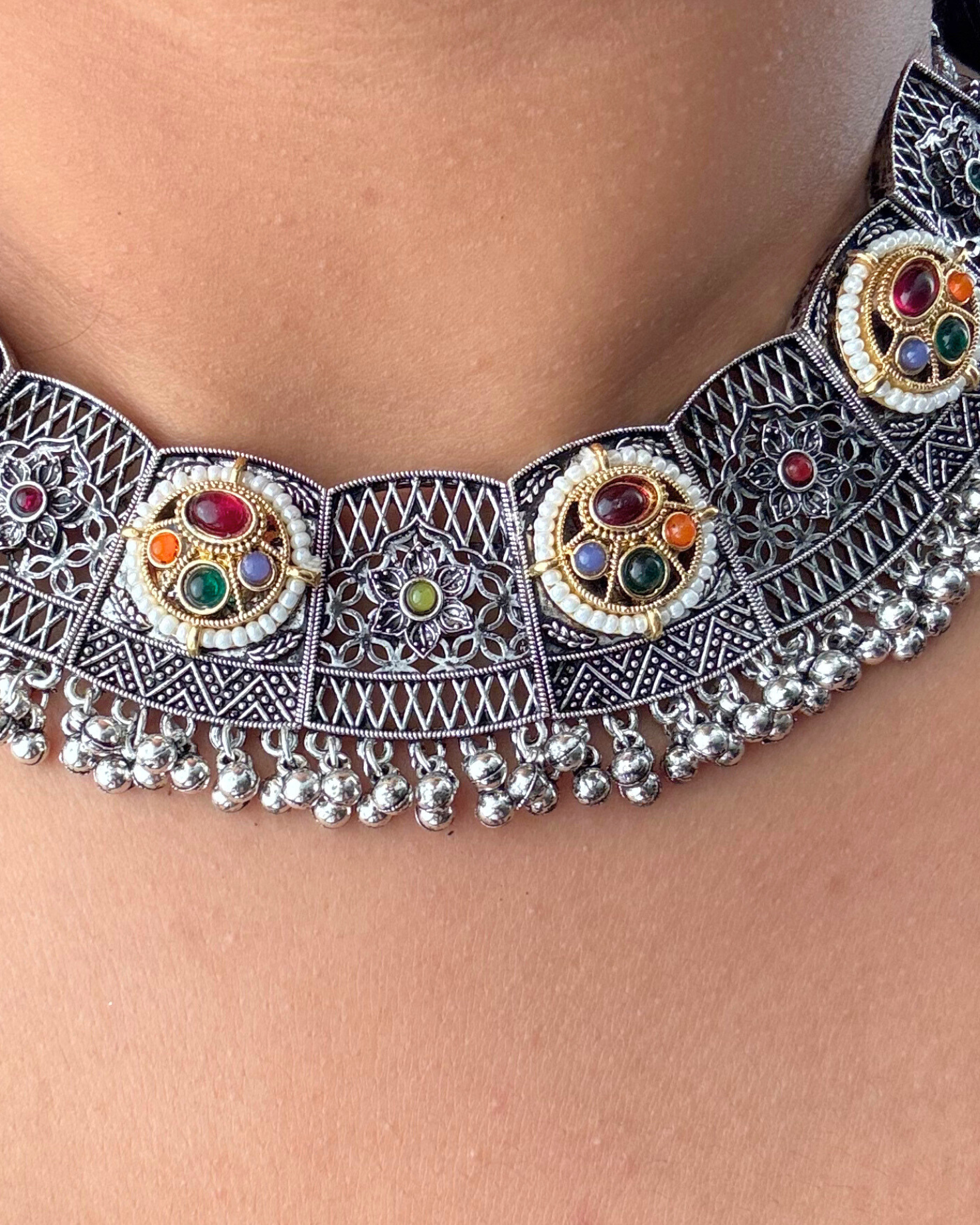 Dhara Oxidised Kundan Necklace Set with Mangtika