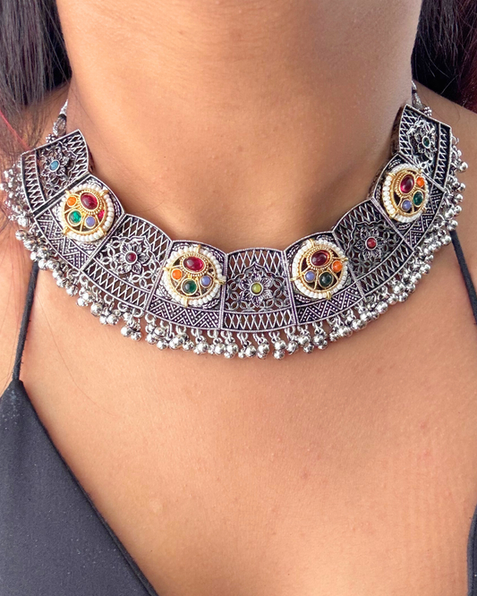 Dhara Oxidised Kundan Necklace Set with Mangtika
