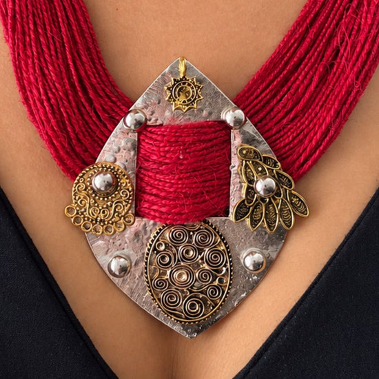 Aruna Dual-tone Red Jute Necklace