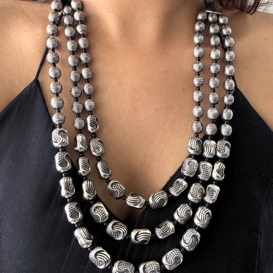 Nidhan Three Layer Silver Necklace