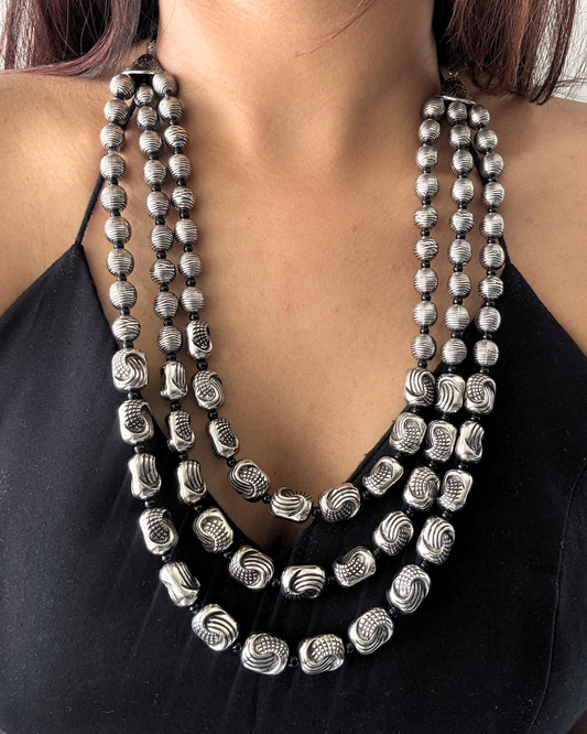 Nidhan Three Layer Silver Necklace