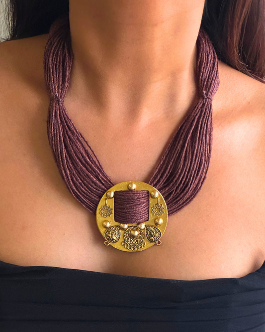 Sarangi Dark Wood Brown Jute Necklace