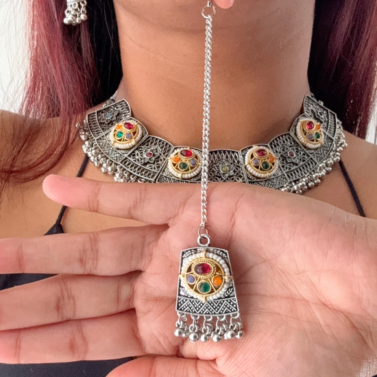Dhara Oxidised Kundan Necklace Set with Mangtika