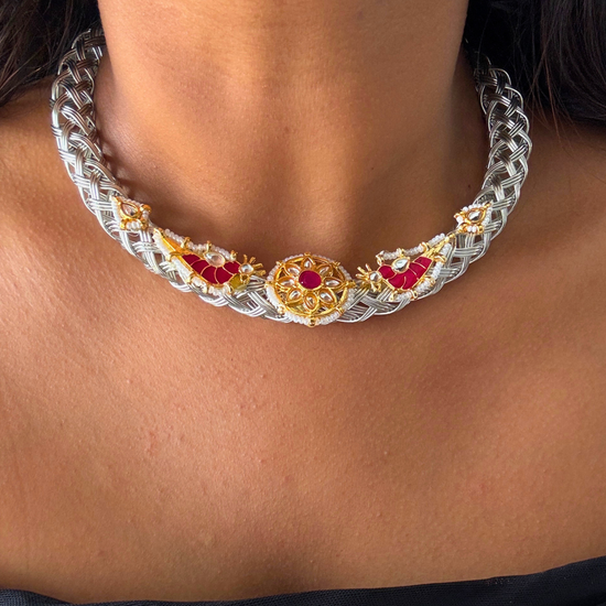 Chehek Silver Pink Kundan Hasli Set
