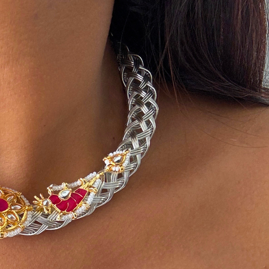 Chehek Silver Pink Kundan Hasli Set