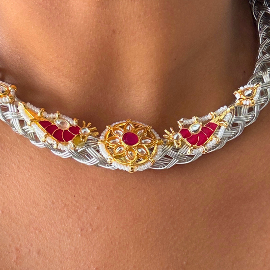 Chehek Silver Pink Kundan Hasli Set