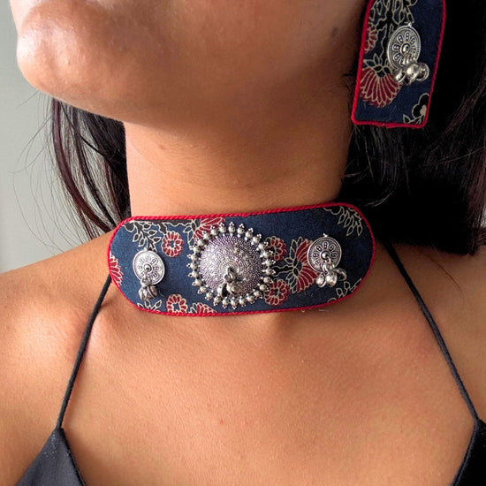 Ajrakh Blue and Red Oxidised Choker Set