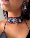 Ajrakh Blue and Red Oxidised Choker Set