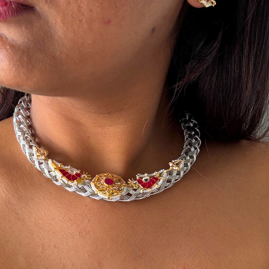 Chehek Silver Pink Kundan Hasli Set