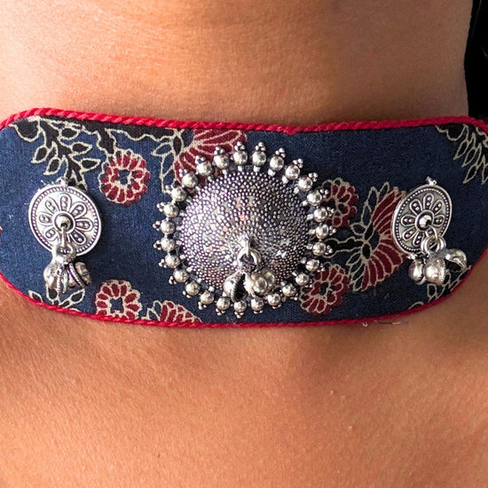 Ajrakh Blue and Red Oxidised Choker Set