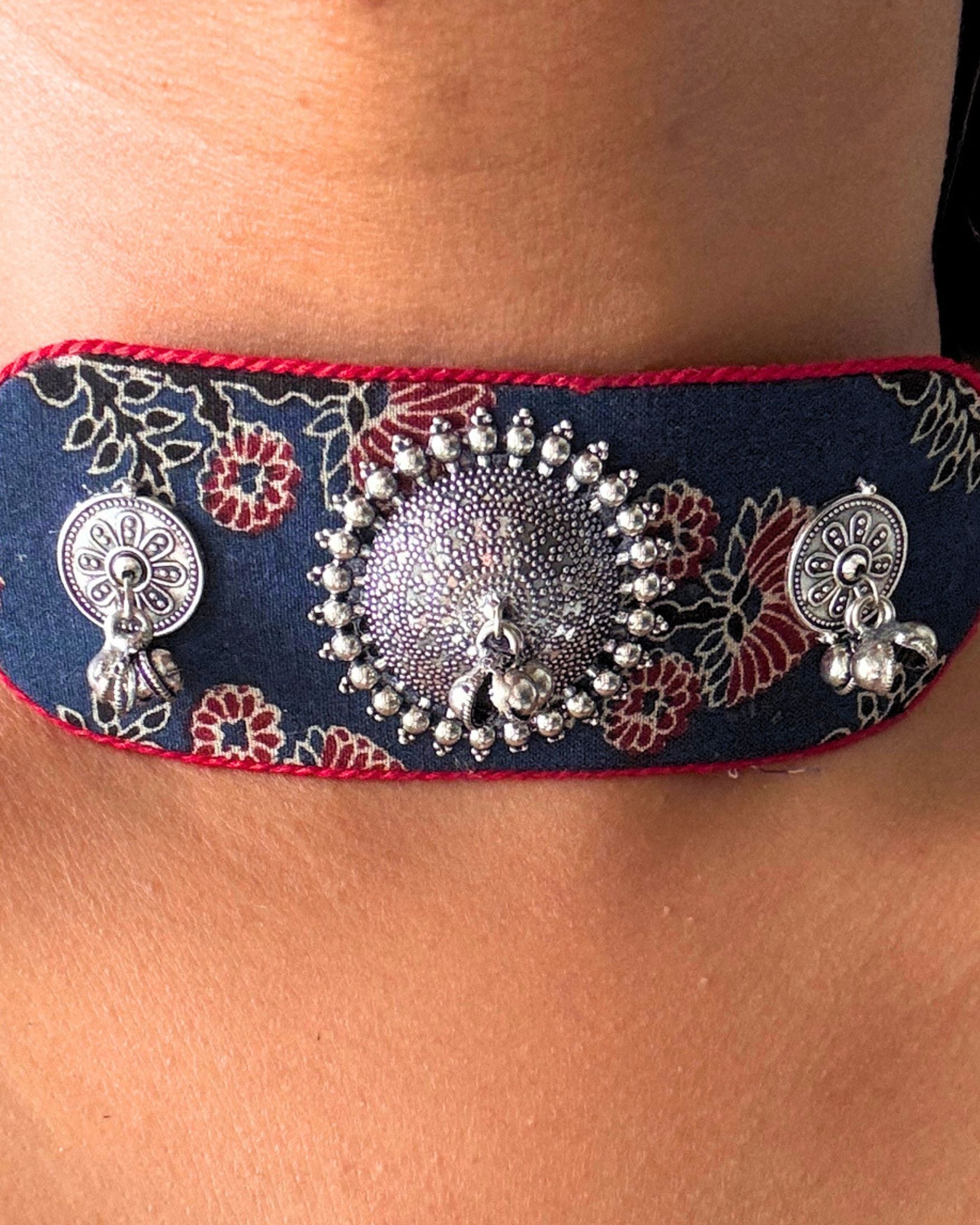 Ajrakh Blue and Red Oxidised Choker Set