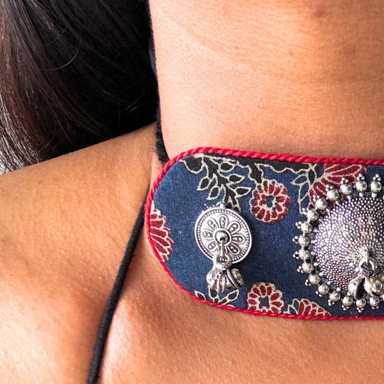 Ajrakh Blue and Red Oxidised Choker Set