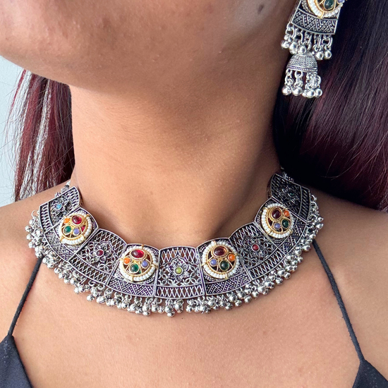 Dhara Oxidised Kundan Necklace Set with Mangtika