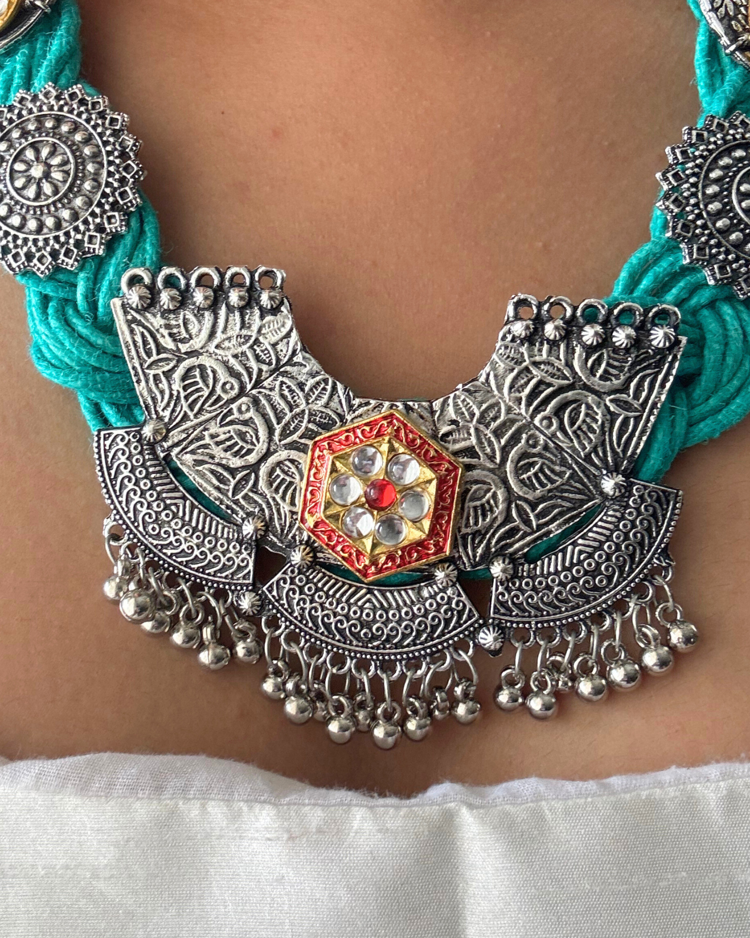 Yamini Sea Green Jute Necklace