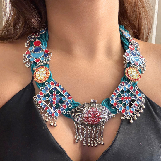 Arpita Deep Sea-green Jute Necklace