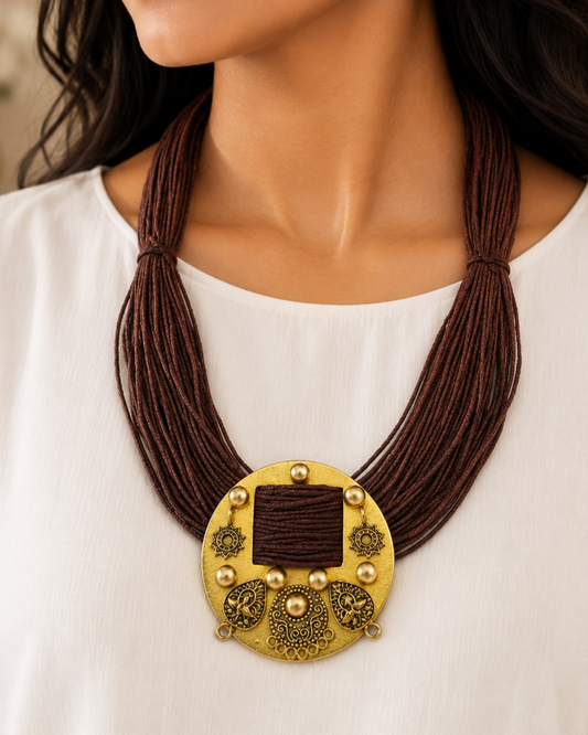 Sarangi Dark Wood Brown Jute Necklace