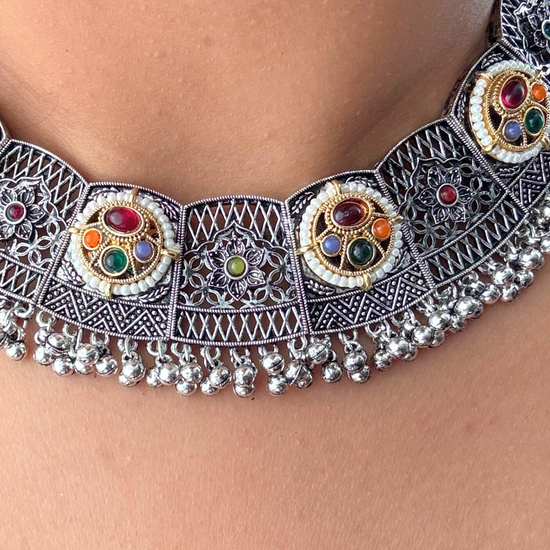 Dhara Oxidised Kundan Necklace Set with Mangtika