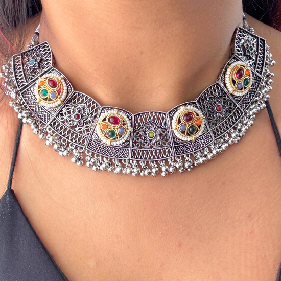 Dhara Oxidised Kundan Necklace Set with Mangtika