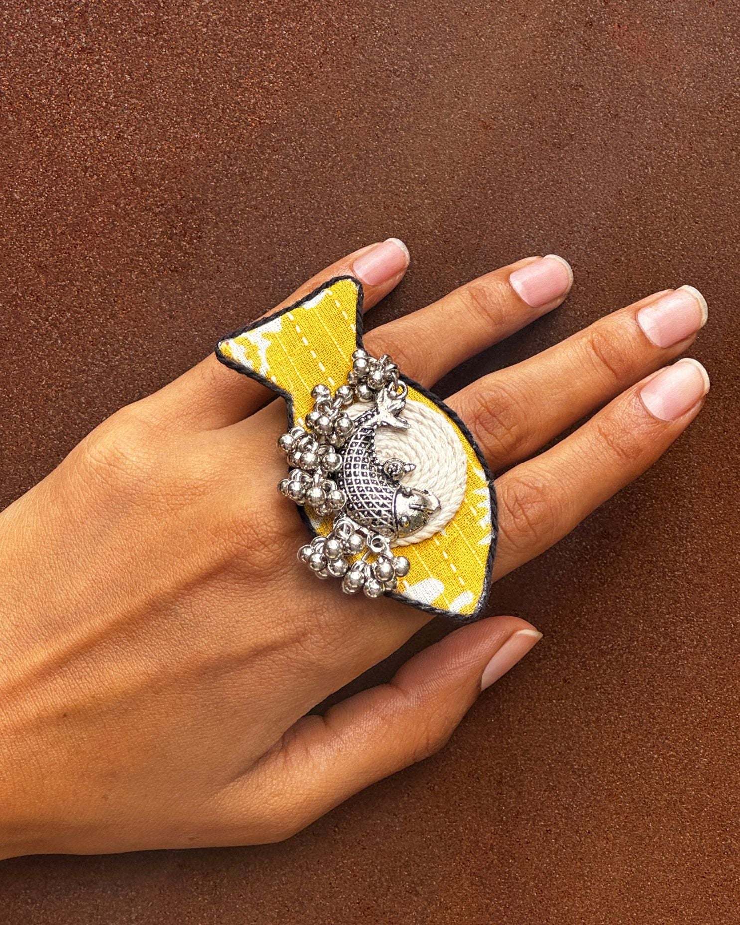 Yellow Ajrakh Fish Ring