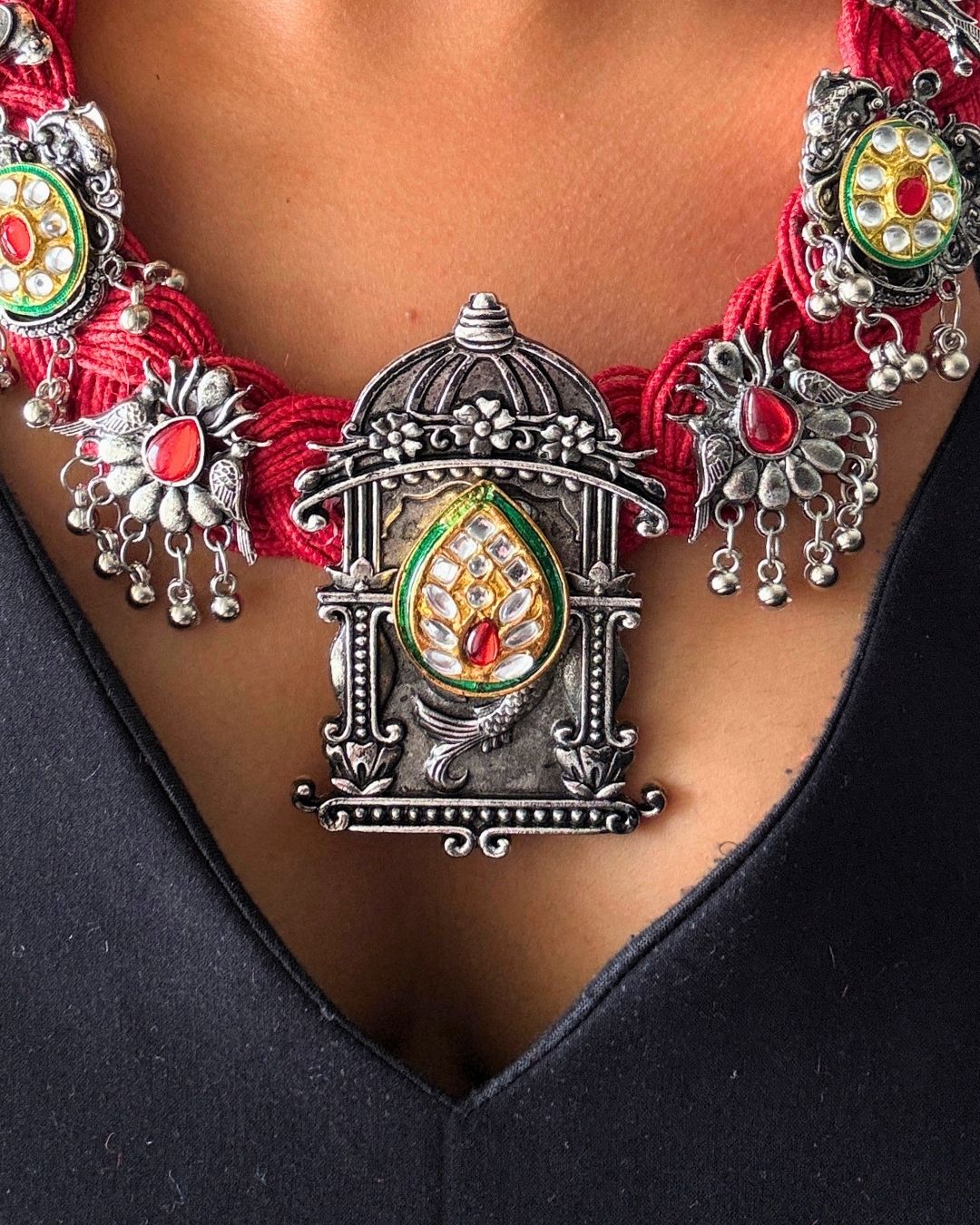 Chandani Bird Red Jute Necklace