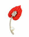 Red Crystal and Pearl Leaf Brooch