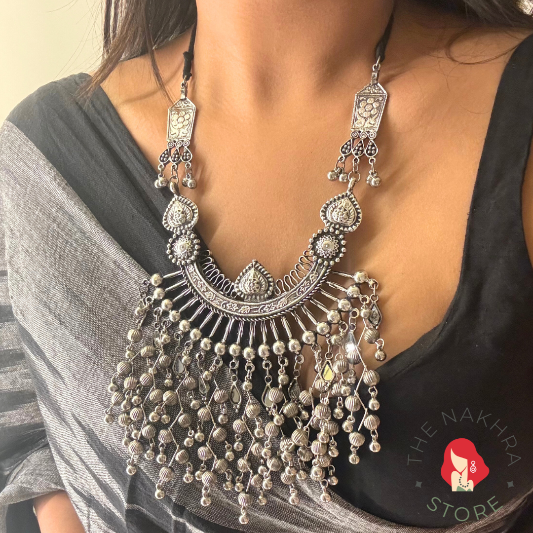 Silver Mirror Necklace Set: Radha