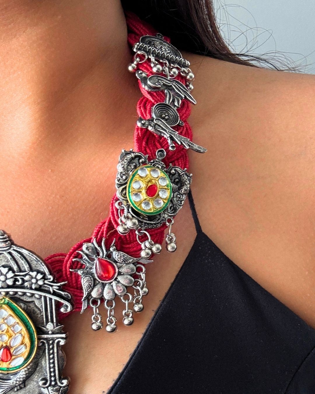 Chandani Bird Red Jute Necklace