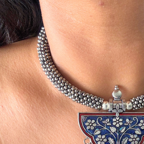 Meena Blue and Red Oxidised Choker Set