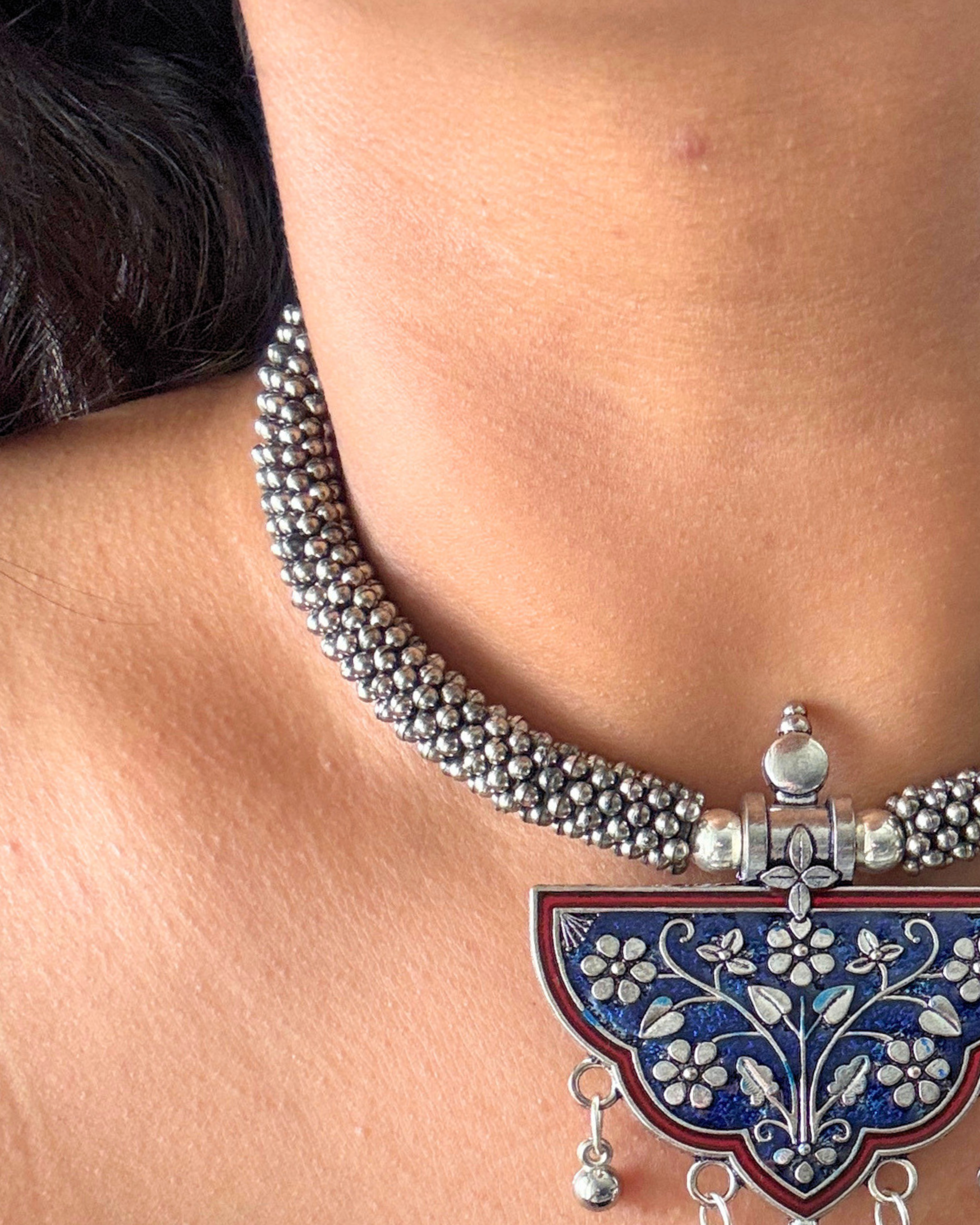 Meena Blue and Red Oxidised Choker Set