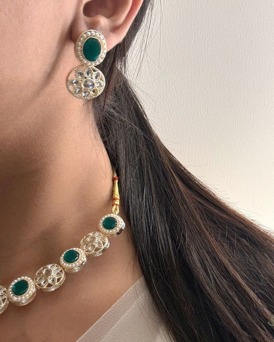 White and Green Kundan Set