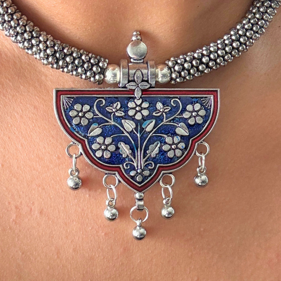 Meena Blue and Red Oxidised Choker Set