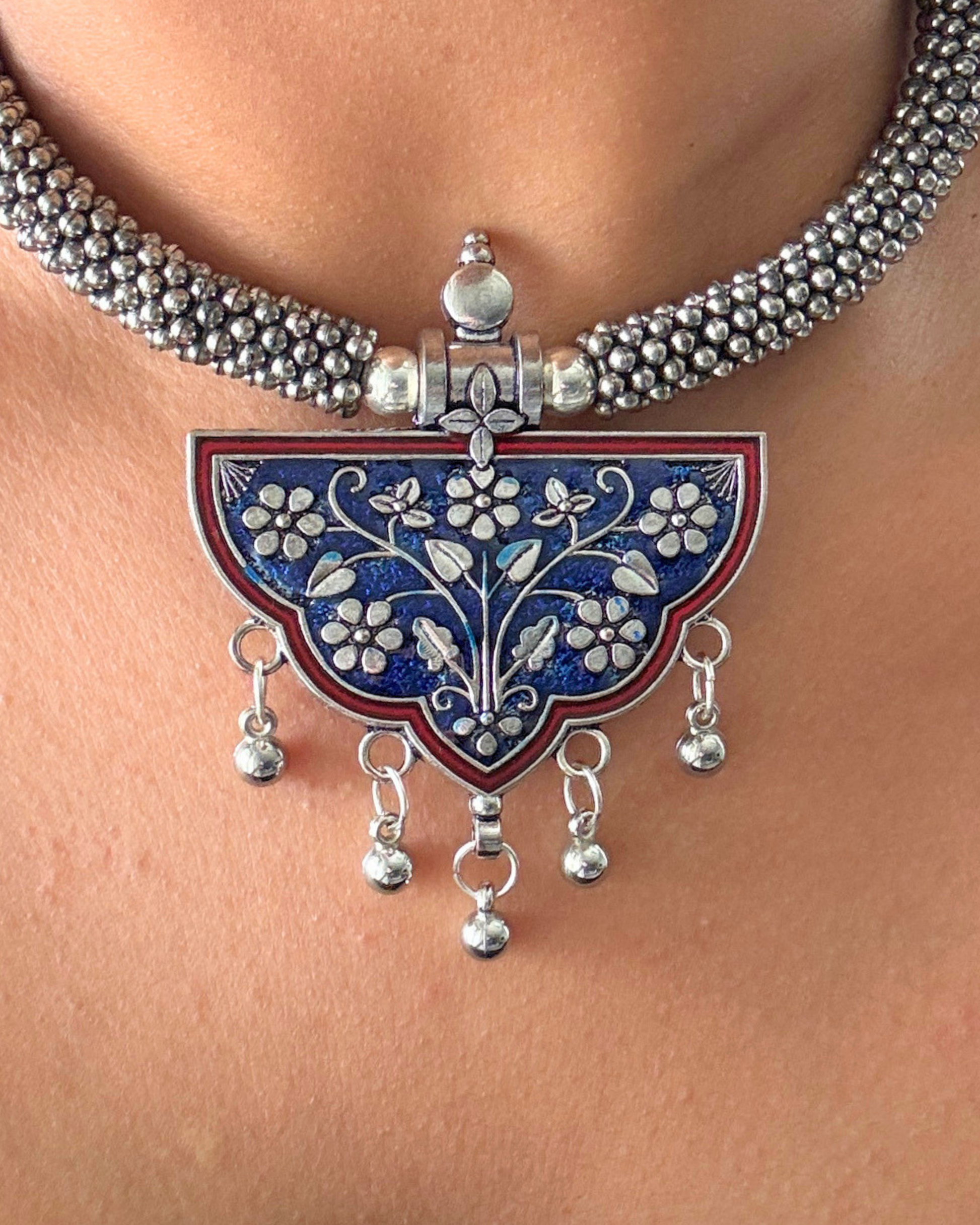 Meena Blue and Red Oxidised Choker Set