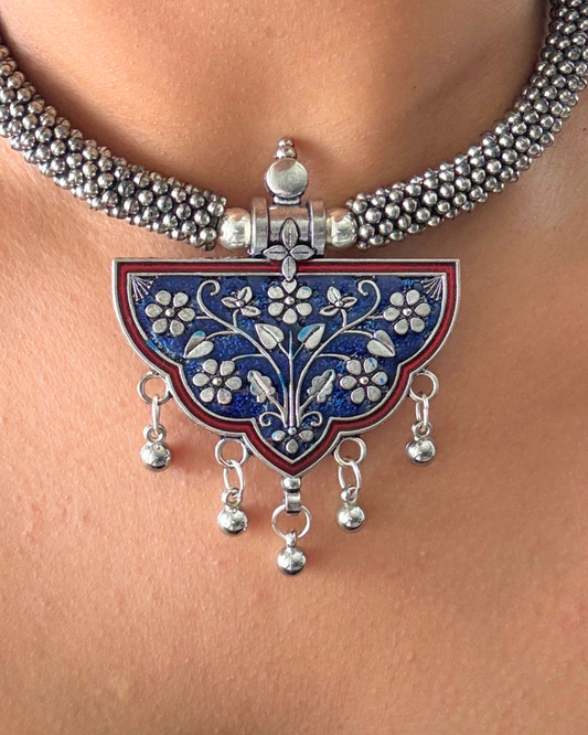 Meena Blue and Red Oxidised Choker Set