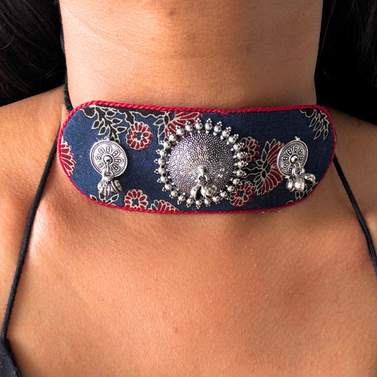 Ajrakh Blue and Red Oxidised Choker Set