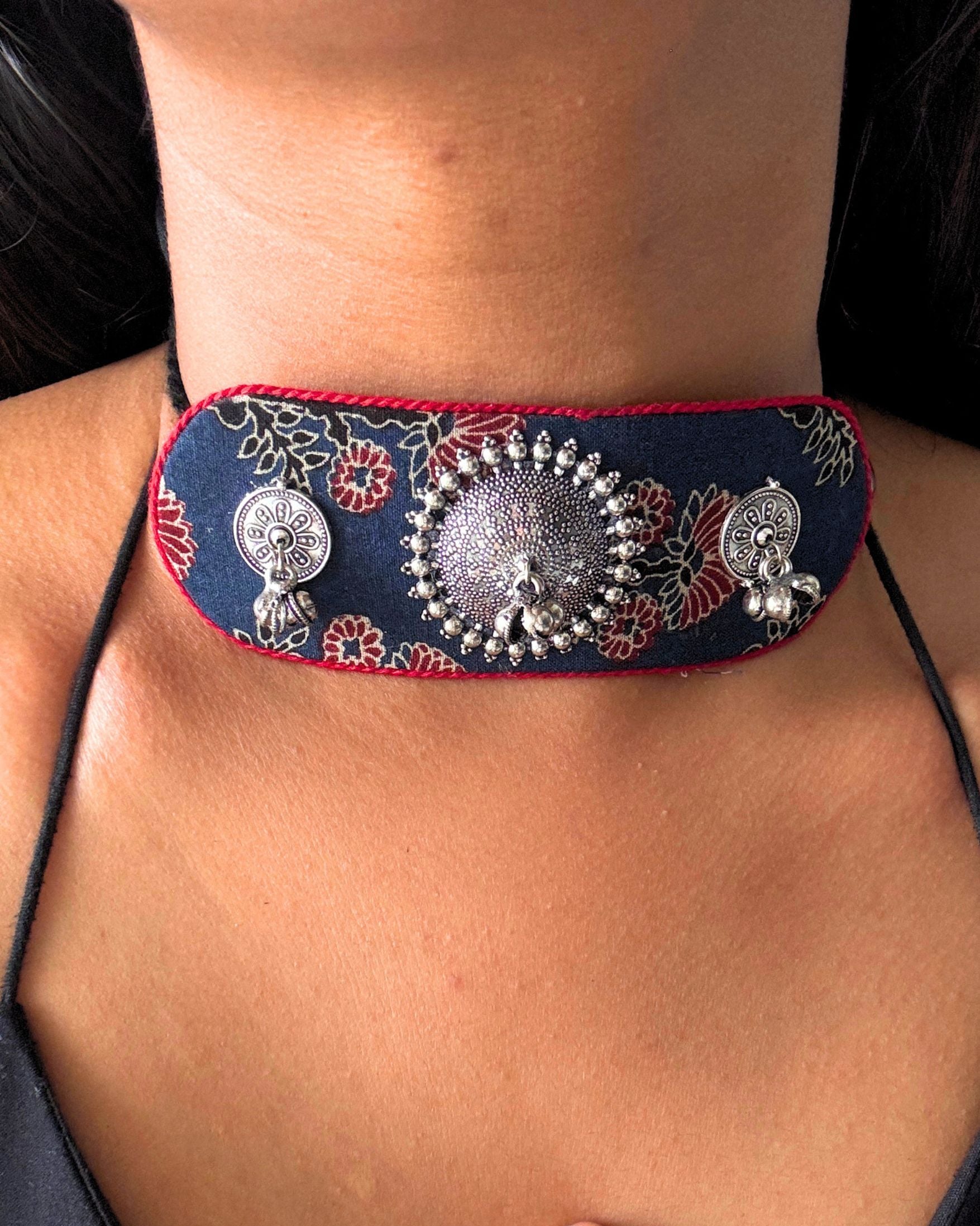 Ajrakh Blue and Red Oxidised Choker Set