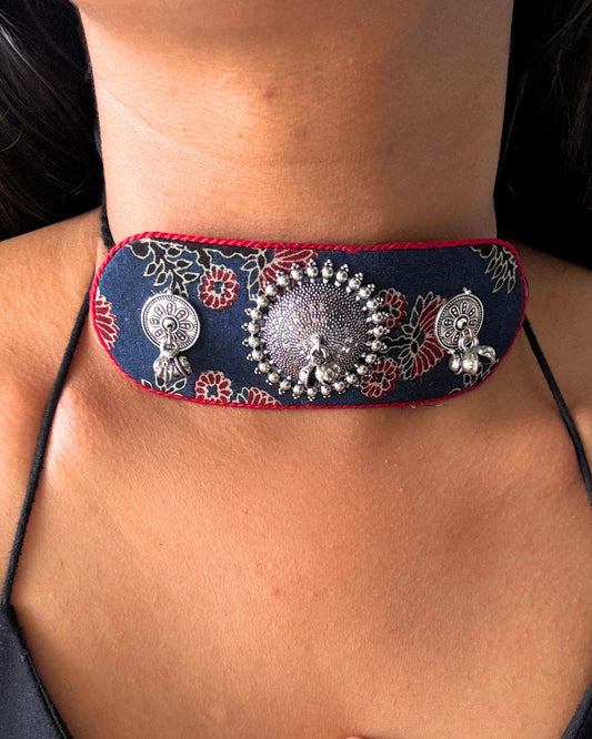 Ajrakh Blue and Red Oxidised Choker Set