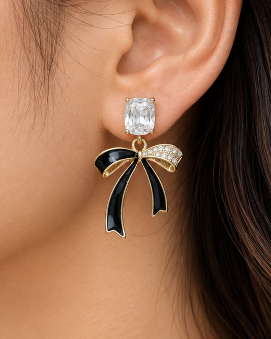 Black and Crystal Bow Earrings