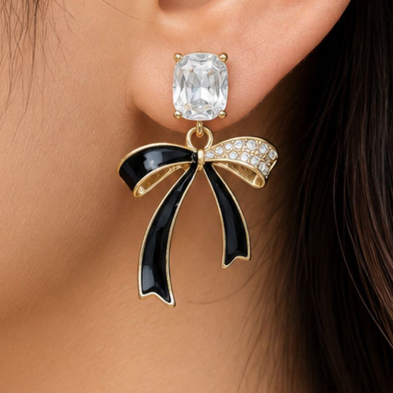 Black and Crystal Bow Earrings