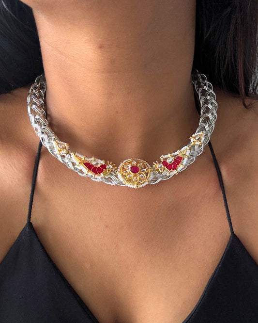 Chehek Silver Pink Kundan Hasli Set
