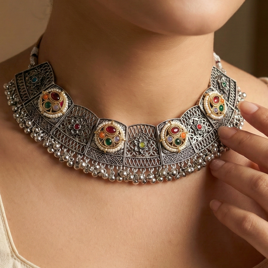 Dhara Oxidised Kundan Necklace Set with Mangtika