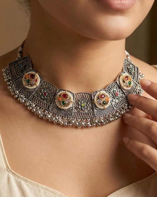 Dhara Oxidised Kundan Necklace Set with Mangtika