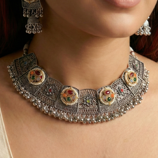Dhara Oxidised Kundan Necklace Set with Mangtika