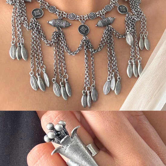 Diya kutchi oxidised choker set with finger ring