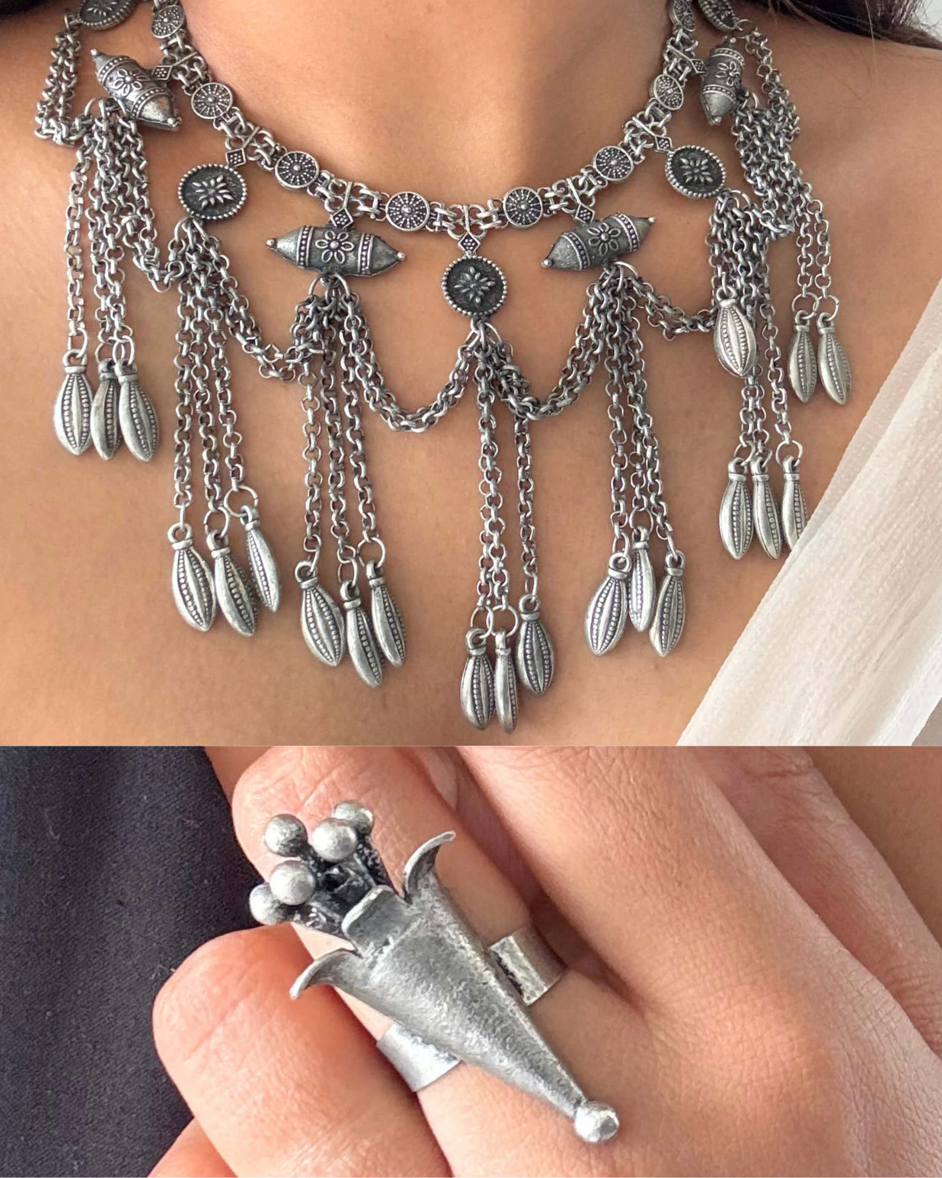 Diya kutchi oxidised choker set with finger ring