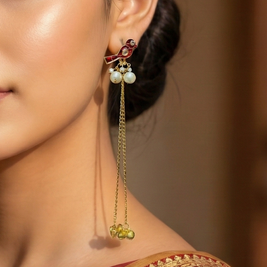 Pavitra Red Kundan Golden Long Kashmiri Jhumka