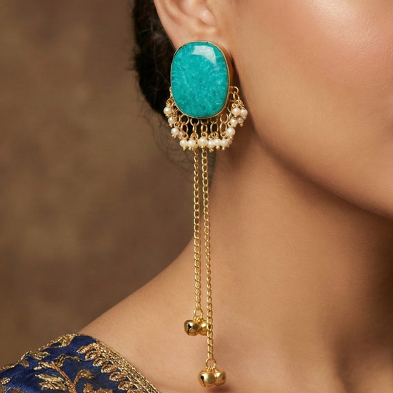 Jasleen Green Stone Golden Long Kashmiri Jhumka 