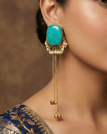 Jasleen Green Stone Golden Long Kashmiri Jhumka 