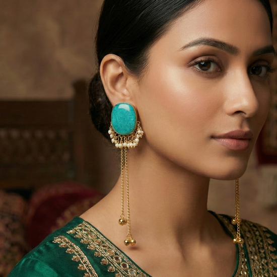 Jasleen Green Stone Golden Long Kashmiri Jhumka 