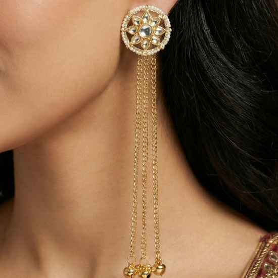 Aarushi Golden Kundan Pearl Long Kashmiri Jhumka